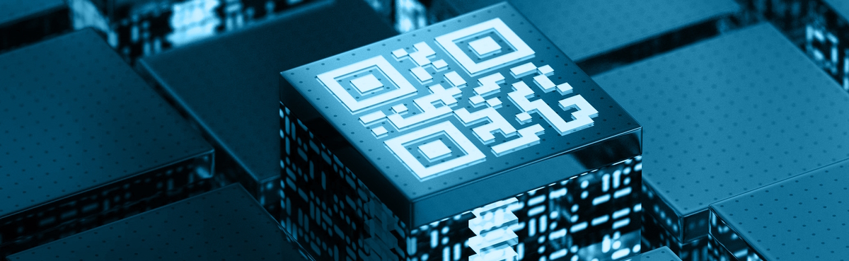 The Ban.gl landscape image of a stylised QR code rising from a circuit board